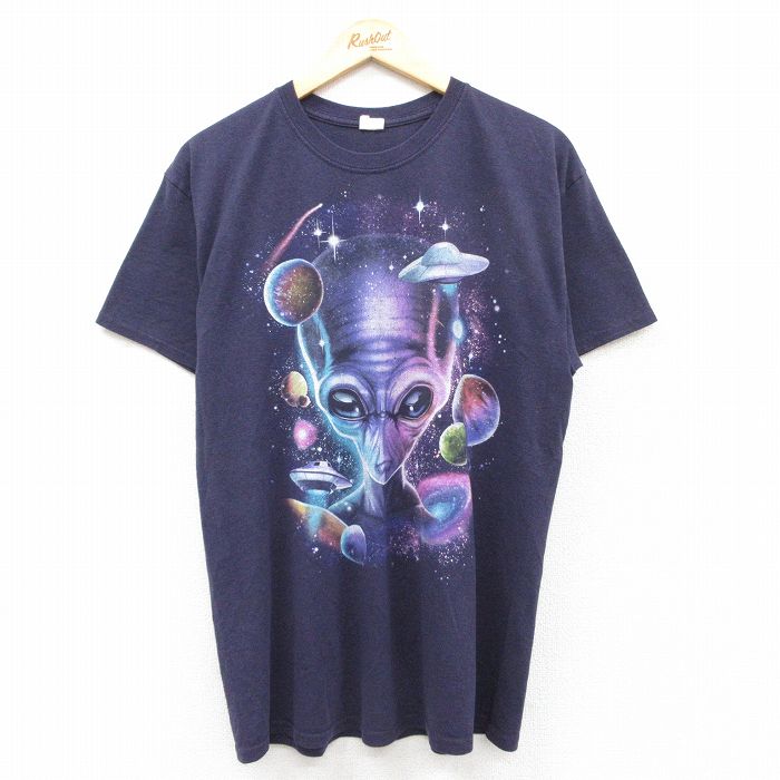 【中古】古着 半袖Tシャツ メンズ 宇宙人 クルーネック 丸首 紫系 パープル 霜降り Lサイズ 中古 | 春夏 夏物 夏服 メンズファッション カットソー ティーシャツ ティシャツ メンズTシャツ 半袖Tシャツ 半袖ティーシャツ カジュアルTシャツ おしゃれ カジュアル 2OF