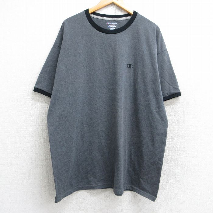 【中古】古着 チャンピオン Champion 半袖 ブランドTシャツ メンズ ワンポイントロゴ 大きいサイズ 2L LL ビッグシルエット ゆったり ビッグサイズ オーバーサイズ ロング丈 クルーネック 丸首 濃グレー 霜降り リンガー XLサイズ 中古 | 春夏 夏物 夏服 メンズフ
