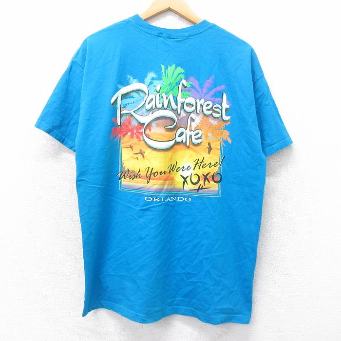 古着 00s 半袖Tシャツ メンズ ライトブルー Rainforest Cafe XLサイズ アメカジ グラフィックプリント ストリート カジュアル きれいめ ヴィンテージ