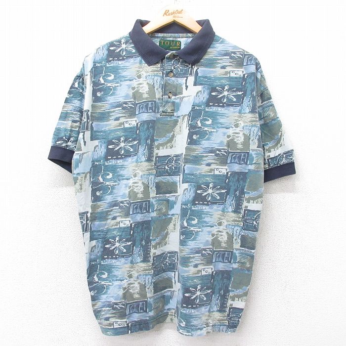 乐天商城 - 【中古】古着 アロー 半袖 ポロシャツ メンズ 90年代 90s 総柄 薄紺他 ネイビー Lサイズ 中古 トップス | 春夏 春物 春服 夏物 夏服 カジュアルシャツ メンズファッション 半袖シャツ おしゃれ カジュアル