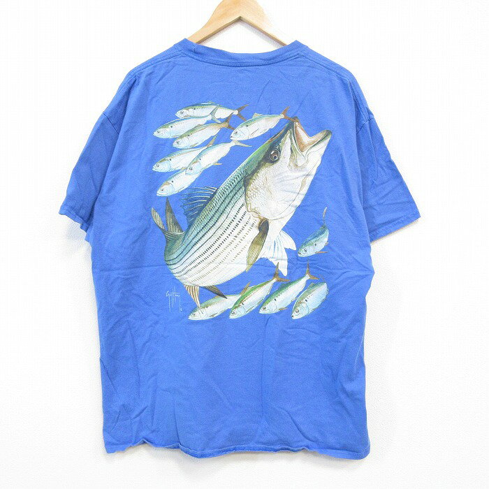 乐天商城 - 【中古】古着 GUYHARVEY 半袖Tシャツ メンズ 魚 胸ポケット付き コットン クルーネック 丸首 水色 XLサイズ 中古 | 春夏 夏物 夏服 メンズファッション カットソー ティーシャツ ティシャツ メンズTシャツ 半袖Tシャツ 半袖ティーシャツ カジュアルTシャツ おしゃ