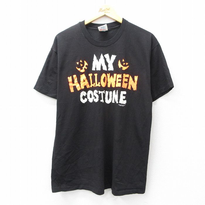 骷髅型 - 【中古】古着 ヘインズ Hanes 半袖 ビンテージ ヴィンテージTシャツ メンズ 90年代 90s HALLOWEEN コットン クルーネック 丸首 黒 ブラック Lサイズ 中古 | 春夏 夏物 夏服 ヴィンテージTシャツ メンズファッション カットソー ティーシャツ ティシャツ メンズTシ