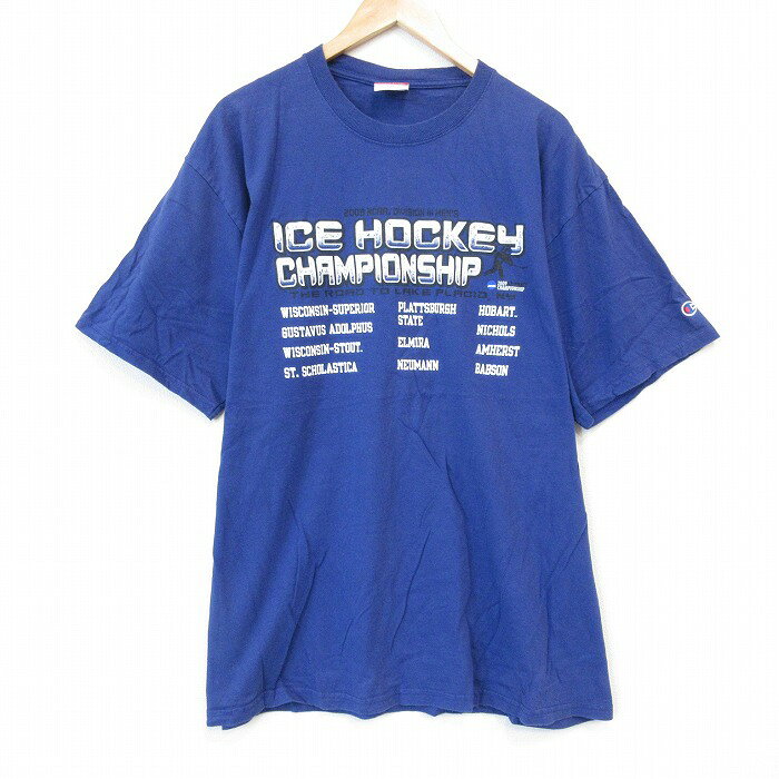 乐天商城 - 【中古】古着 チャンピオン champion 半袖 ビンテージ ヴィンテージTシャツ メンズ 00年代 00s アイスホッケー 大きいサイズ 2L LL ビッグシルエット ゆったり ビッグサイズ オーバーサイズ コットン クルーネック 丸首 薄紺 ネイビー XLサイズ 中古 | 春夏 夏物