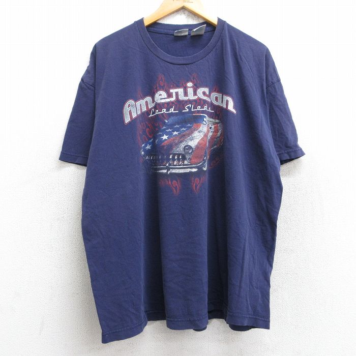 【中古】古着 半袖Tシャツ メンズ 車 アメリカン 大きいサイズ 2L LL ビッグシルエット ゆったり ビッグサイズ オーバーサイズ コットン クルーネック 丸首 紺 ネイビー XLサイズ 中古 | 春夏 夏物 夏服 メンズファッション カットソー ティーシャツ ティシャツ 2OF
