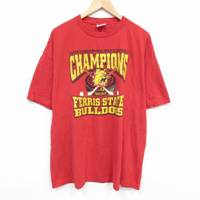 【中古】古着 半袖Tシャツ メンズ アイスホッケー 大きいサイズ 2L LL ビッグシルエット ゆったり ビッグサイズ オーバーサイズ コットン クルーネック 丸首 赤 レッド XLサイズ 中古 | 春夏 夏物 夏服 メンズファッション カットソー ティーシャツ ティシャツ メ 2OF