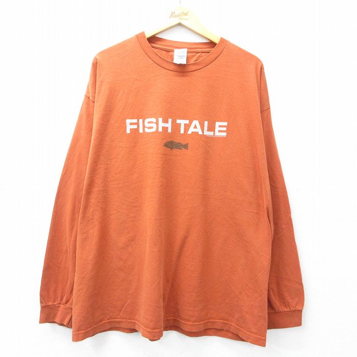 【中古】古着 長袖Tシャツ メンズ 00年代 00s FISH TALE 魚 大きいサイズ 2L LL ビッグシルエット ゆったり ビッグサイズ オーバーサイズ コットン クルーネック 丸首 茶系 ブラウン XLサイズ 中古 | 春夏 春物 春服 秋冬 秋物 秋服 メンズファッション ロンT カ