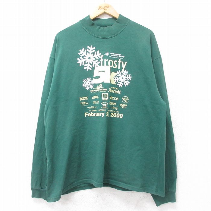【中古】古着 長袖 ビンテージ ヴィンテージTシャツ メンズ frosty 5K 企業広告 大きいサイズ 2L LL ビッグシルエット ゆったり ビッグサイズ オーバーサイズ コットン モックネック ハイネック 緑 グリーン XLサイズ 中古 | 春夏 春物 春服 秋冬 秋物 秋服 メン 5OF