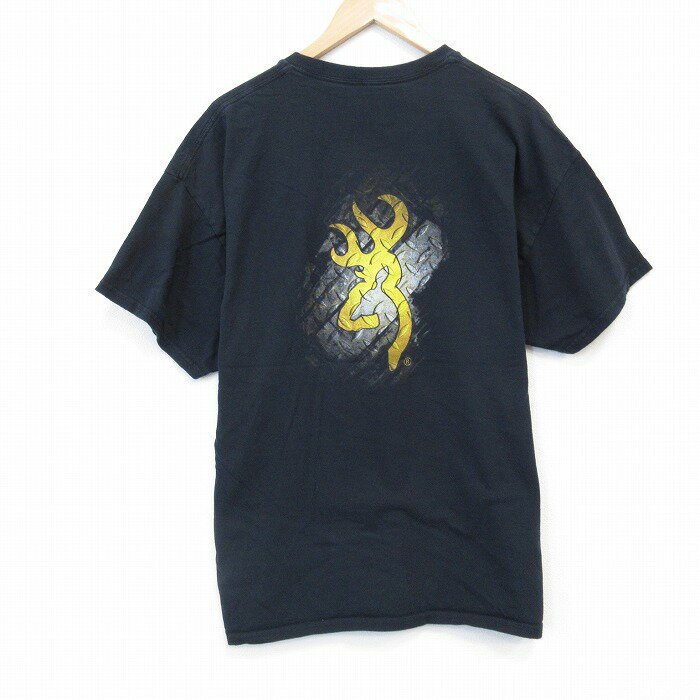 【中古】古着 BROWNING 半袖Tシャツ メンズ ビッグロゴ 大きいサイズ 2L LL ビッグシルエット ゆったり ビッグサイズ オーバーサイズ コットン クルーネック 丸首 黒 ブラック XLサイズ 中古 | 春夏 夏物 夏服 メンズファッション カットソー ティーシャツ ティシ