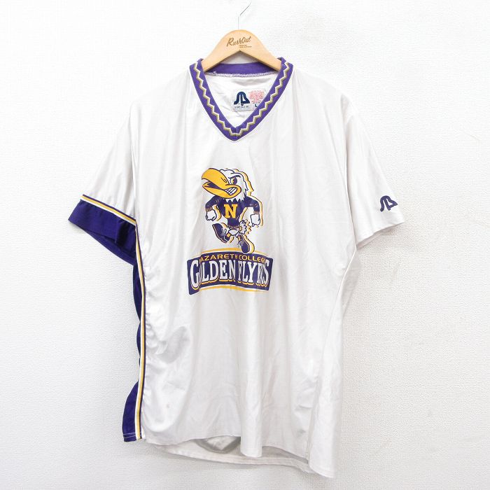 【中古】古着 半袖 ビンテージ ヴィンテージTシャツ メンズ 90年代 90s ナザレス カレッジ ゴールデンフライヤーズ 大きいサイズ 2L LL ビッグシルエット ゆったり ビッグサイズ オーバーサイズ ロング丈 Vネック USA製 アメリカ製 白 ホワイト XLサイズ 中古 | 5OF