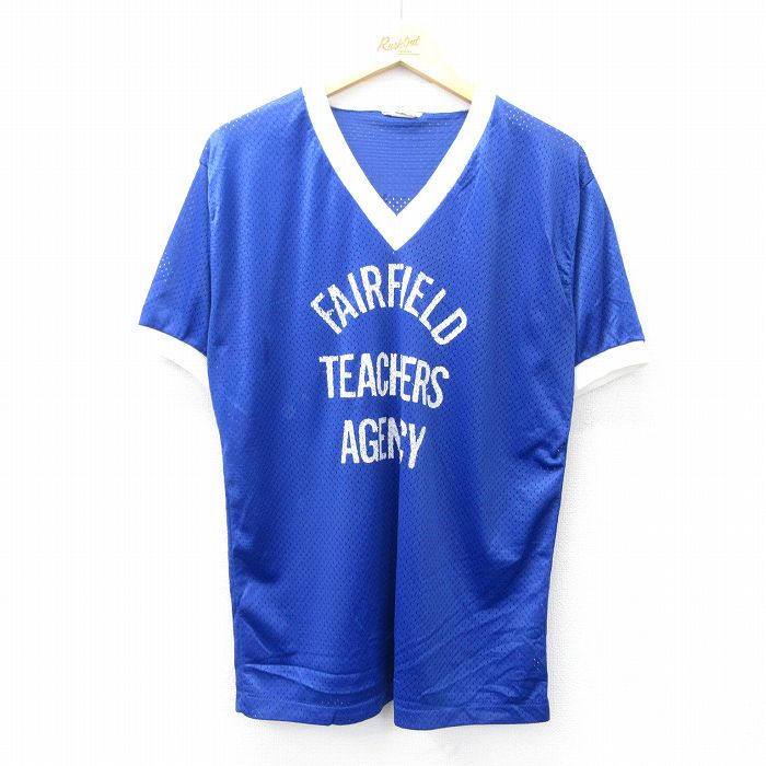 V-Neck - 【中古】古着 半袖 ビンテージ ヴィンテージTシャツ メンズ 80年代 80s フェアフィールド 8 フロッキープリント メッシュ地 Vネック USA製 アメリカ製 青他 ブルー Lサイズ 中古 | 春夏 春物 春服 秋冬 秋物 秋服 メンズファッション ロンT カットソー ロンティー 5OF