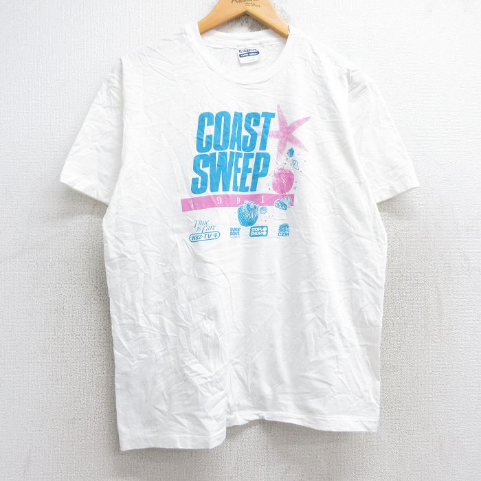 Rakuten - 【中古】古着 ヘインズ Hanes 半袖 ビンテージ ヴィンテージTシャツ メンズ 90年代 90s COASTSWEEP 貝殻 企業広告 コットン クルーネック 丸首 USA製 アメリカ製 白 ホワイト Lサイズ 中古 | 春夏 夏物 夏服 ヴィンテージTシャツ メンズファッション カットソー 5OF