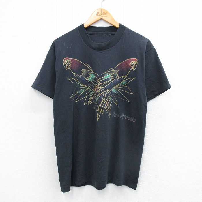 骷髅型 - 【中古】古着 半袖 ビンテージ ヴィンテージTシャツ メンズ 90年代 90s 鳥 サンアントニオ クルーネック 丸首 黒 ブラック Lサイズ 中古 | 春夏 夏物 夏服 ヴィンテージTシャツ メンズファッション カットソー ティーシャツ ティシャツ メンズTシャツ 半袖Tシャツ