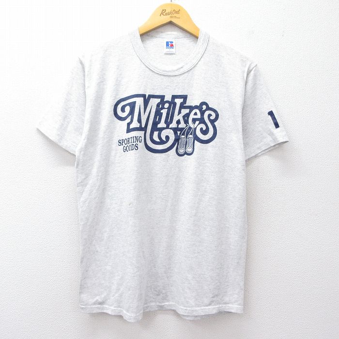 【中古】古着 ラッセル 半袖 ビンテージ ヴィンテージTシャツ メンズ 90年代 90s Mikes スニーカー クルーネック 丸首 USA製 アメリカ製 薄グレー 霜降り Lサイズ 中古 | 春夏 夏物 夏服 ヴィンテージTシャツ メンズファッション カットソー ティーシャツ ティシ
