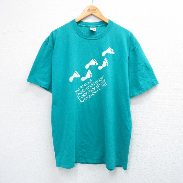 【中古】古着 ジャージーズ 半袖 ビンテージ ヴィンテージTシャツ メンズ 90年代 90s 足跡 コットン クルーネック 丸首 USA製 アメリカ製 青緑 XLサイズ 中古 | 春夏 夏物 夏服 ヴィンテージTシャツ メンズファッション カットソー ティーシャツ ティシャツ メン