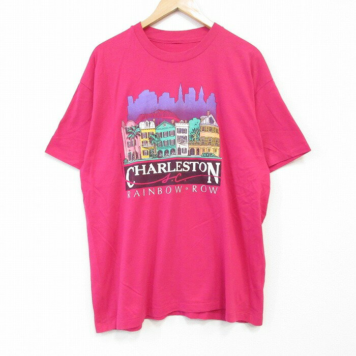 乐天商城 - 【中古】古着 半袖 ビンテージ ヴィンテージTシャツ メンズ 80年代 80s レインボー クルーネック 丸首 濃ピンク XLサイズ 中古 | 春夏 夏物 夏服 ヴィンテージTシャツ メンズファッション カットソー ティーシャツ ティシャツ メンズTシャツ 半袖Tシャツ 半袖ティ