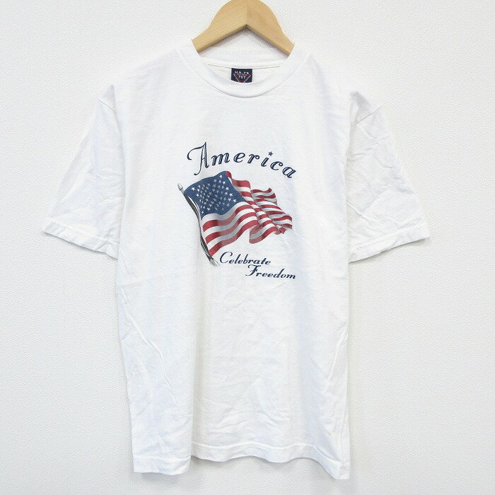【中古】古着 半袖 ビンテージ ヴィンテージTシャツ メンズ 90年代 90s 星条旗 コットン クルーネック 丸首 USA製 アメリカ製 白 ホワイト Lサイズ 中古 | 春夏 夏物 夏服 ヴィンテージTシャツ メンズファッション カットソー ティーシャツ ティシャツ メンズTシ(4.0)