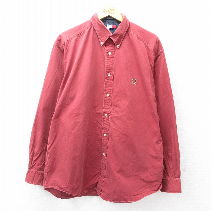 【中古】古着 トミーヒルフィガー TOMMY HILFIGER 長袖 ブランドシャツ メンズ 90年代 90s ワンポイントロゴ 大きいサイズ 2L LL ビッグシルエット ゆったり ビッグサイズ オーバーサイズ コットン ボタンダウン 赤系 レッド XLサイズ 中古 トップス | 春夏 春物