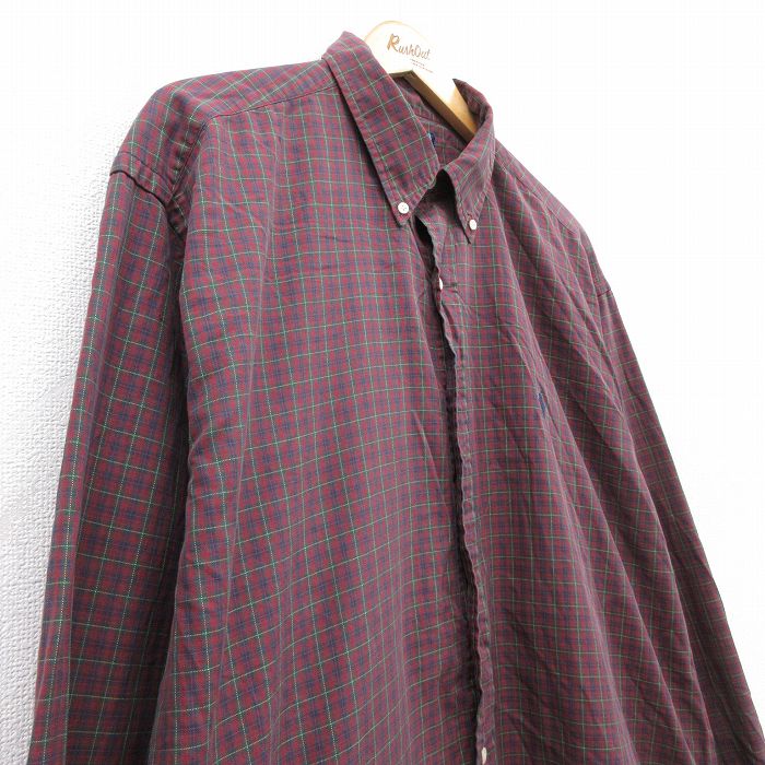 【中古】古着 ラルフローレン Ralph Lauren 長袖 ブランドシャツ メンズ 90年代 90s ワンポイントロゴ 大きいサイズ 2L LL ビッグシルエット ゆったり ビッグサイズ オーバーサイズ ロング丈 コットン ボタンダウン エンジ他 チェック 【spe】 XLサイズ 中古 トッ