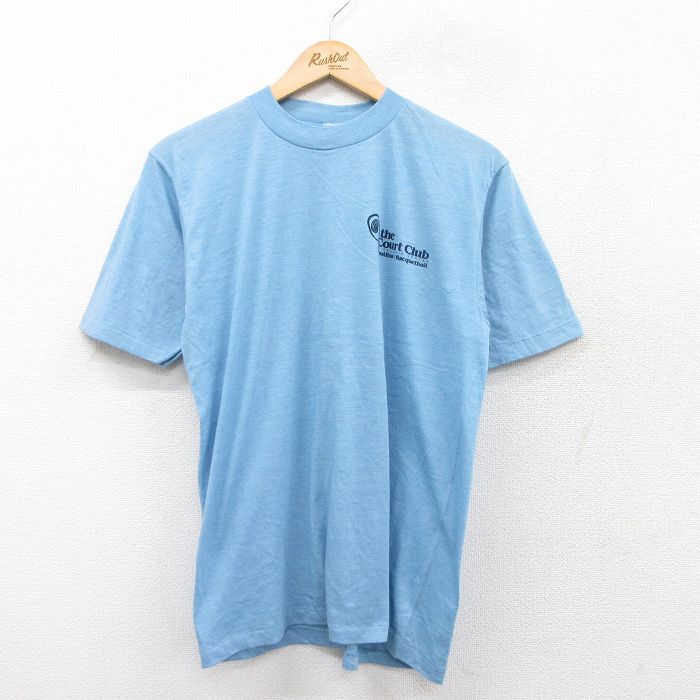 【中古】古着 スプルース 半袖 ビンテージ ヴィンテージTシャツ メンズ 80年代 80s 企業広告 ラケット クルーネック 丸首 USA製 アメリカ製 水色 霜降り Mサイズ 中古 | 春夏 夏物 夏服 ヴィンテージTシャツ メンズファッション カットソー ティーシャツ ティシャ