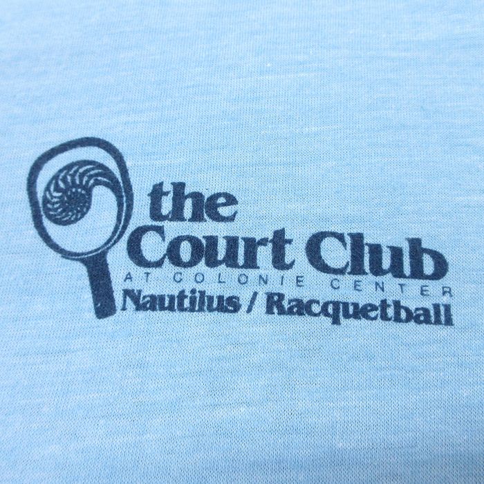 【中古】古着 スプルース 半袖 ビンテージ ヴィンテージTシャツ メンズ 80年代 80s 企業広告 ラケット クルーネック 丸首 USA製 アメリカ製 水色 霜降り Mサイズ 中古 | 春夏 夏物 夏服 ヴィンテージTシャツ メンズファッション カットソー ティーシャツ ティシャ