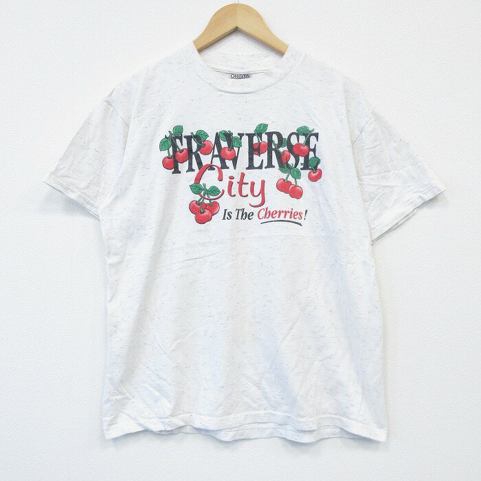 【中古】古着 オニータ 半袖 ビンテージ ヴィンテージTシャツ メンズ 90年代 90s サクランボ コットン クルーネック 丸首 USA製 アメリカ製 白 ホワイト 霜降り XLサイズ 中古 | 春夏 夏物 夏服 ヴィンテージTシャツ メンズファッション カットソー ティーシャツ