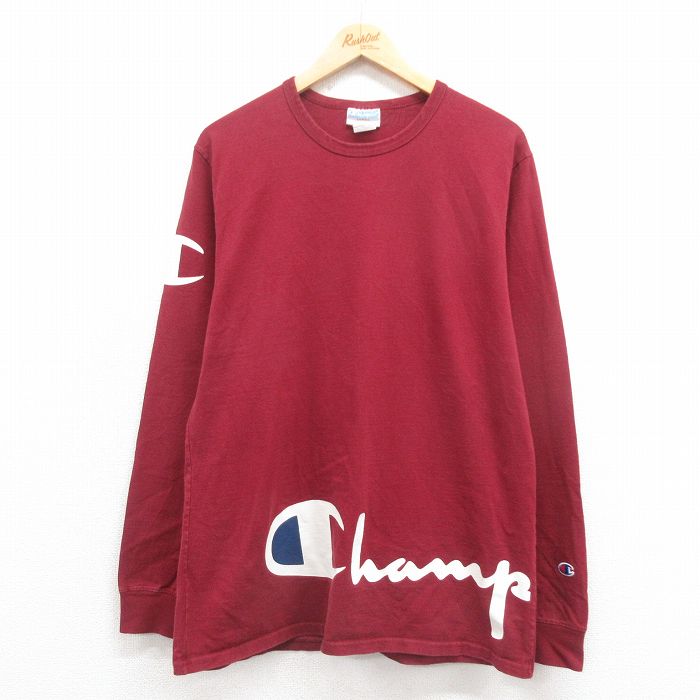 【中古】古着 チャンピオン champion 長袖Tシャツ メンズ ビッグロゴ コットン クルーネック 丸首 エンジ Lサイズ 中古 | 春夏 春物 春服 秋冬 秋物 秋服 メンズファッション ロンT カットソー ロンティー ロングT ロングTシャツ ロングティーシャツ ロング丈 長