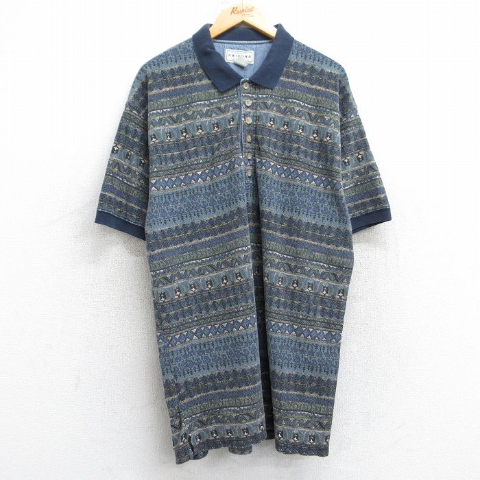 【中古】古着 アリゾナジーンズ 半袖 ポロシャツ メンズ 00年代 00s 総柄 鹿の子 ロング丈 コットン 紺他 ネイビー 【spe】 XLサイズ 中古 トップス | 春夏 春物 春服 夏物 夏服 カジュアルシャツ メンズファッション 半袖シャツ おしゃれ カジュアル 5OF