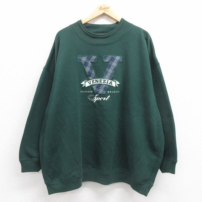 【中古】古着 VENEZIA JEANS 長袖スウェット メンズ 00年代 00s V 刺繍 大きいサイズ 2L LL ビッグシルエット ゆったり ビッグサイズ オーバーサイズ クルーネック 丸首 緑 グリーン XLサイズ 中古 スエット トレーナー トップス | 春夏 春物 春服 秋冬 秋物 秋服