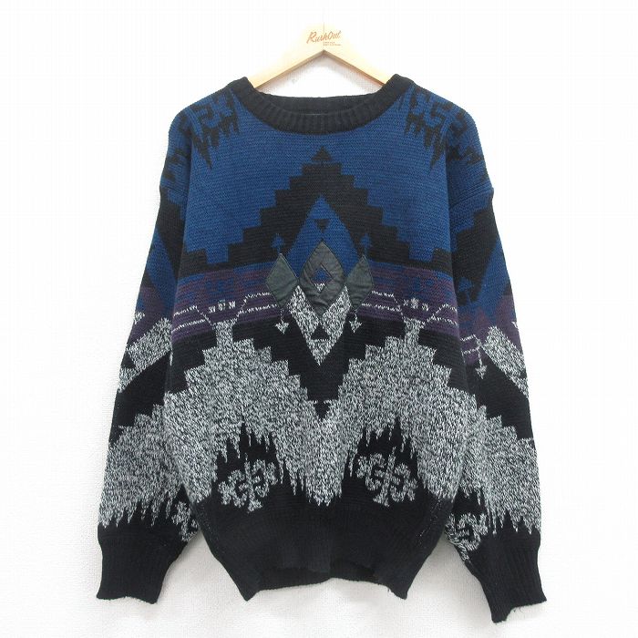 Crew Neck - 【中古】古着 長袖 セーター メンズ 90年代 90s ネイティブ柄 アクリル クルーネック 丸首 紺他 ネイビー Mサイズ 中古 ニット トップス | 春夏 春物 春服 秋冬 秋物 秋服 メンズファッション カジュアル おしゃれ ファッション