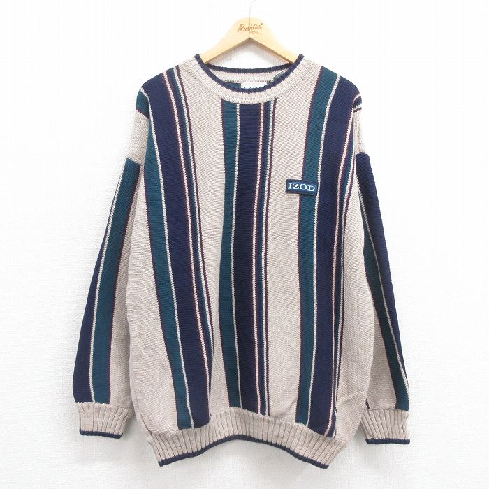 樂天商城 - 【中古】古着 IZOD 長袖 セーター メンズ 90年代 90s ワンポイントロゴ 大きいサイズ 2L LL ビッグシルエット ゆったり ビッグサイズ オーバーサイズ コットン クルーネック 丸首 ベージュ他 カーキ ストライプ XLサイズ 中古 ニット トップス | 春夏 春物 春服