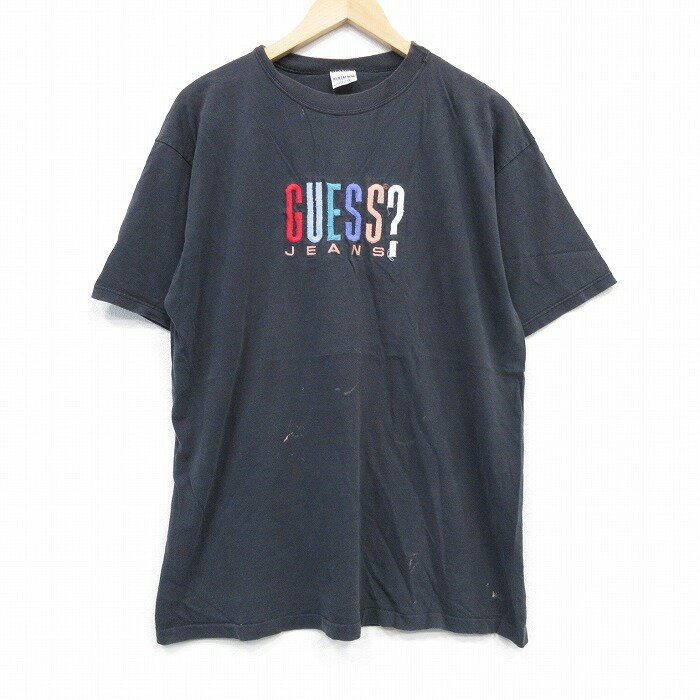 【中古】古着 ゲス GUESS 半袖 ビンテージ ヴィンテージTシャツ メンズ 90年代 90s ビッグロゴ 刺繍 コットン クルーネック 丸首 USA製 アメリカ製 黒 ブラック 【spe】 XLサイズ 中古 | 春夏 夏物 夏服 ヴィンテージTシャツ メンズファッション カットソー ティ