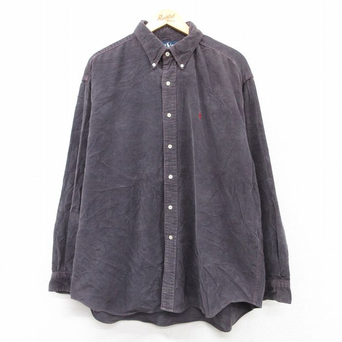 乐天商城 - 【中古】古着 ラルフローレン Ralph Lauren 長袖 ブランドシャツ メンズ 90年代 90s ワンポイントロゴ BLAIRE コーデュロイ 大きいサイズ 2L LL ビッグシルエット ゆったり ビッグサイズ オーバーサイズ ロング丈 コットン ボタンダウン 黒系 ブラック 【spe】 XL