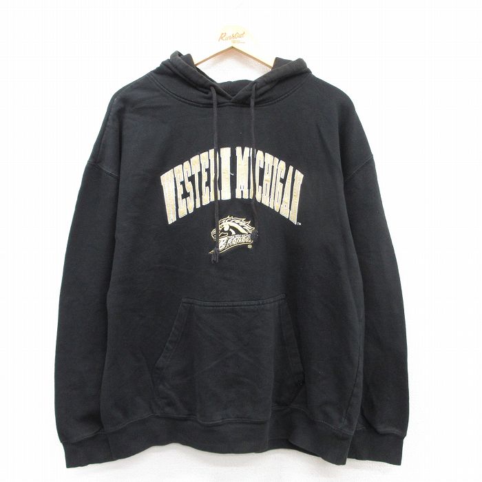 【中古】古着 長袖スウェットパーカー メンズ WESTERN ミシガン 黒 ブラック XLサイズ 中古 スエット トレーナー トップス | 春夏 春物 春服 秋冬 秋物 秋服 メンズファッション カジュアル おしゃれ ファッション 5OF