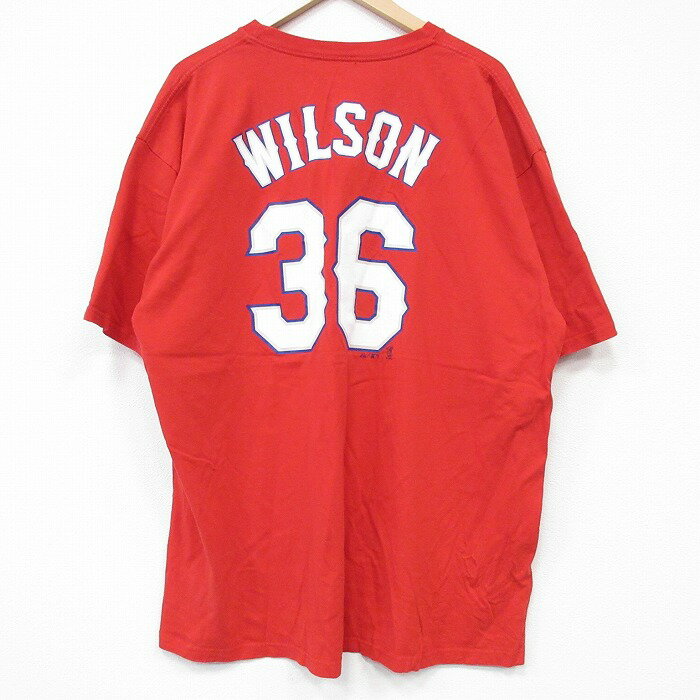 【中古】マジェスティック MLB テキサスレンジャース CJウィルソン 半袖Tシャツ メンズ XL 赤 コットン クルーネック ベースボール 野球 ビッグシルエット アメカジ 25sep08