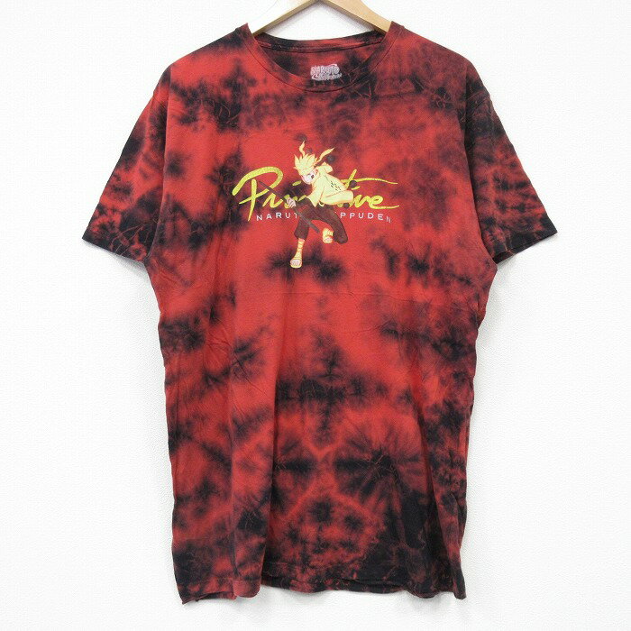 【中古】古着 半袖Tシャツ メンズ アニメ ナルト疾風伝 うずまきナルト コットン クルーネック 丸首 赤他 レッド タイダイ Lサイズ 中古 | 春夏 夏物 夏服 メンズファッション カットソー ティーシャツ ティシャツ メンズTシャツ 半袖Tシャツ 半袖ティーシャツ カ
