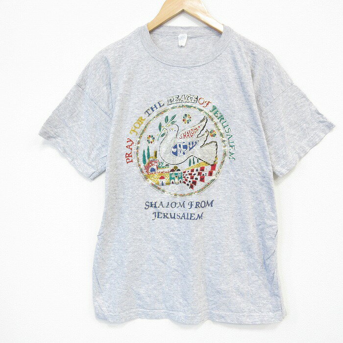 【中古】古着 半袖Tシャツ メンズ XLサイズ 鳥プリント クルーネック 薄グレー 霜降りコットン カジュアル トップス ストリート アメカジ 25sep08