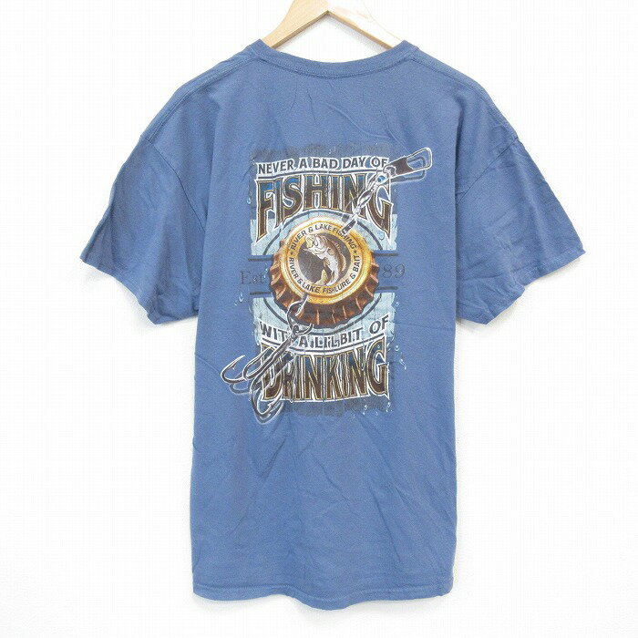 STREET - 【中古】古着 フィッシング Tシャツ メンズ XLサイズ 半袖 クルーネック 薄紺 コットン カジュアル トップス アメカジ ストリート 25sep08 5OF