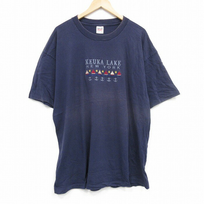 樂天商城 - 【中古】古着 半袖 ビンテージ ヴィンテージTシャツ メンズ 90年代 90s ヨット 刺繍 大きいサイズ 2L LL ビッグシルエット ゆったり ビッグサイズ オーバーサイズ コットン クルーネック 丸首 USA製 アメリカ製 紺 ネイビー XLサイズ 中古 | 春夏 夏物 夏服 ヴィ