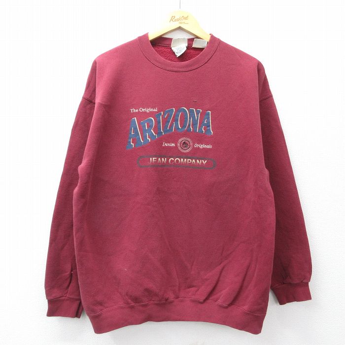 乐天商城 - 【中古】古着 アリゾナジーンズ 長袖スウェット メンズ 90年代 90s ビッグロゴ クルーネック 丸首 USA製 アメリカ製 エンジ 【spe】 Lサイズ 中古 スエット トレーナー トップス | 春夏 春物 春服 秋冬 秋物 秋服 メンズファッション カジュアル おしゃれ ファッ