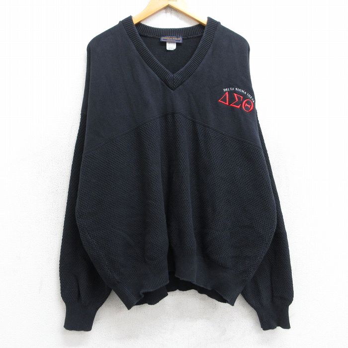 V-Neck - 【中古】古着 長袖 セーター メンズ 90年代 90s デルタシグマシータ 大きいサイズ 2L LL ビッグシルエット ゆったり ビッグサイズ オーバーサイズ コットン Vネック USA製 アメリカ製 濃紺系 ネイビー XLサイズ 中古 ニット トップス | 春夏 春物 春服 秋冬 秋物 5OF