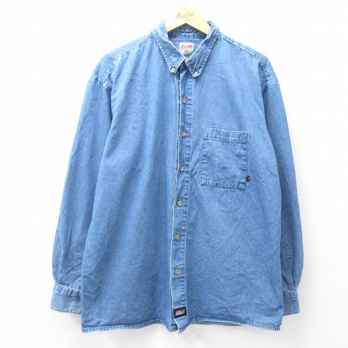 【中古】古着 ディッキーズ Dickies 長袖 ブランドシャツ メンズ 大きいサイズ 2L LL ビッグシルエット ゆったり ビッグサイズ オーバーサイズ ロング丈 コットン ボタンダウン 紺 ネイビー デニム 【spe】 XLサイズ 中古 トップス | 春夏 春物 春服 秋冬 秋物 秋
