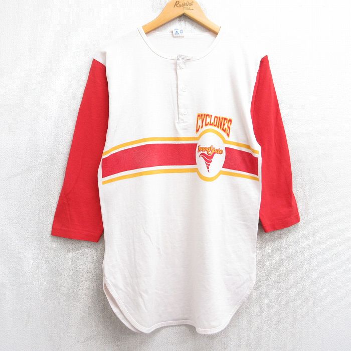 【中古】古着 チャンピオン Champion 7分袖 ビンテージ ヴィンテージTシャツ メンズ 80年代 80s アイオワステートサイクロンズ ツートンカラー バイカラー ヘンリーネック USA製 アメリカ製 白他 ホワイト 【spe】 Sサイズ 小さいサイズ 中古 7分丈 七分丈 七分袖