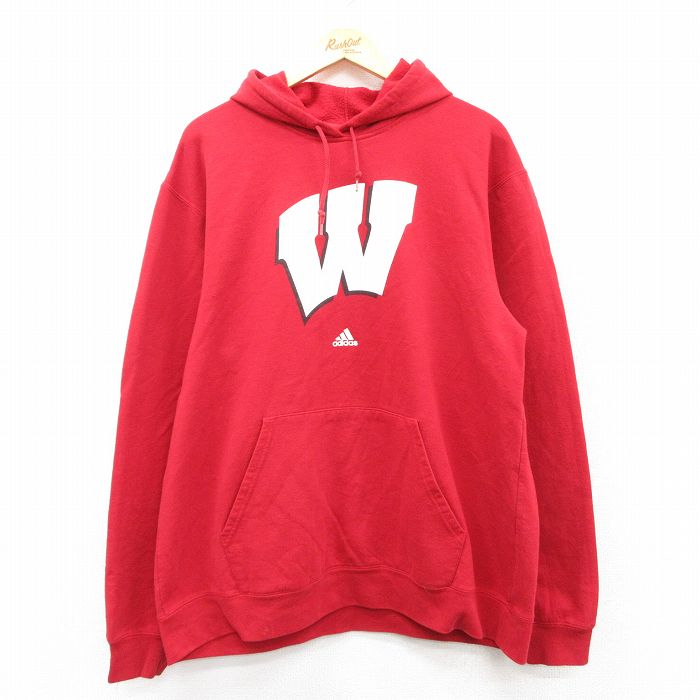 【中古】古着 アディダス adidas 長袖スウェットパーカー メンズ ワンポイントロゴ W 赤 レッド XLサイズ 中古 スエット トレーナー トップス | 春夏 春物 春服 秋冬 秋物 秋服 メンズファッション カジュアル おしゃれ ファッション