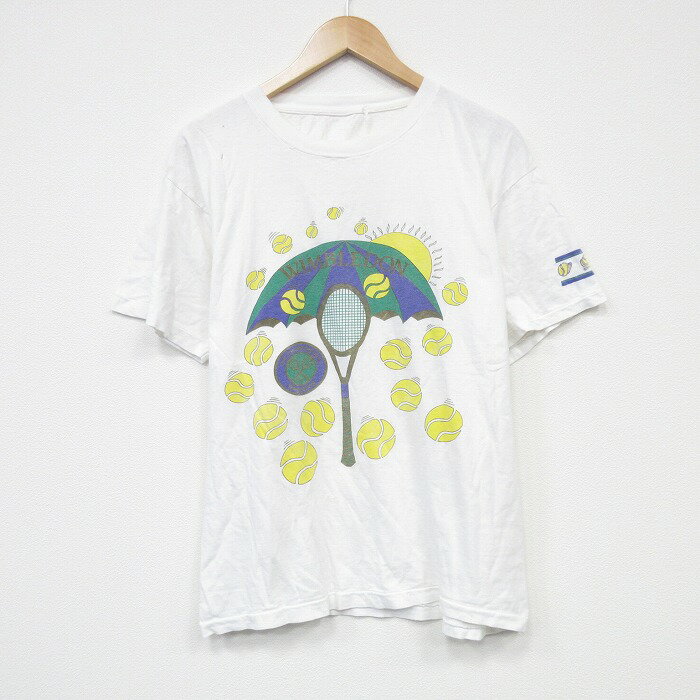 樂天商城 - 【中古】古着 半袖 ビンテージ ヴィンテージTシャツ メンズ 90年代 90s テニス クルーネック 丸首 白 ホワイト Lサイズ 中古 | 春夏 夏物 夏服 ヴィンテージTシャツ メンズファッション カットソー ティーシャツ ティシャツ メンズTシャツ 半袖Tシャツ 半袖ティー