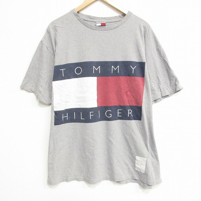 Shirts, T-Shirts - 【中古】古着 トミーヒルフィガー TOMMY HILFIGER 半袖 ビンテージ ヴィンテージ ブランドTシャツ メンズ 90年代 90s ビッグロゴ 大きいサイズ 2L LL ビッグシルエット ゆったり ビッグサイズ オーバーサイズ コットン クルーネック 丸首 USA製 アメリカ製 グレー