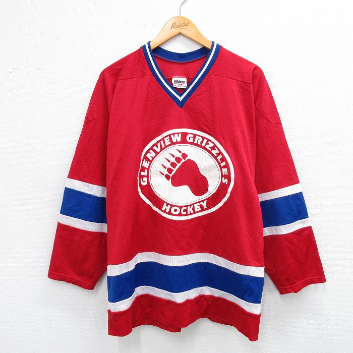 乐天商城 - 【中古】古着 長袖 ビンテージ ヴィンテージTシャツ アイスホッケー ジャージ メンズ 90年代 90s GLENVIEW メッシュ地 Vネック USA製 アメリカ製 青他 ブルー Lサイズ 中古 | 春夏 春物 春服 秋冬 秋物 秋服 メンズファッション ロンT カットソー ロンティー ロン