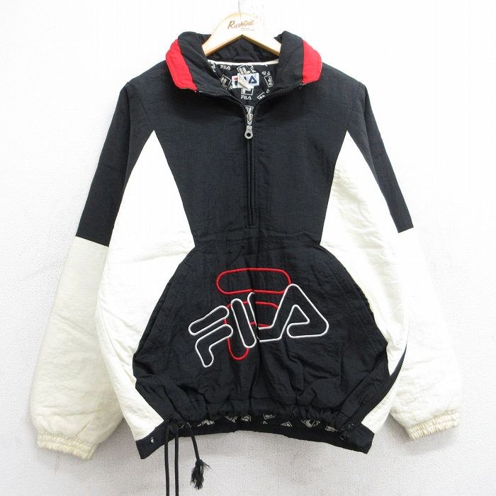 樂天商城 - 【中古】古着 フィラ FILA 長袖 ハーフジップ ナイロンジャケット メンズ ビッグロゴ 黒他 ブラック 内側キルティング Lサイズ 中古 アウター | 秋冬 秋物 秋服 冬物 冬服 カジュアル メンズファッション ファッション おしゃれ カジュアルジャケット