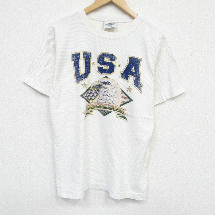 【中古】古着 半袖 ビンテージ ヴィンテージTシャツ メンズ 90年代 90s USAロゴ コットン クルーネック 丸首 USA製 アメリカ製 白 ホワイト ボーダー Lサイズ 中古 | 春夏 夏物 夏服 ヴィンテージTシャツ メンズファッション カットソー ティーシャツ ティシャツ(4.0)
