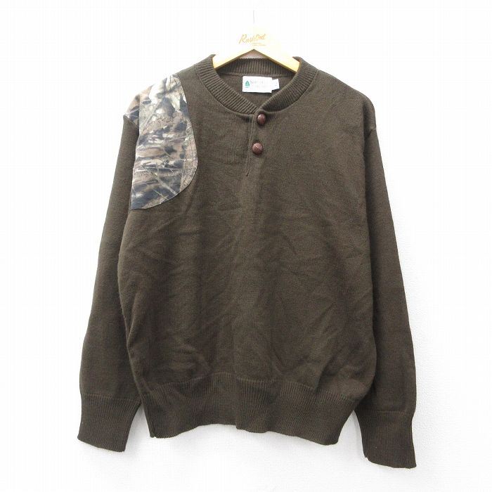 【中古】古着 長袖 セーター メンズ 00年代 00s 肩当て アクリル ヘンリーネック 濃茶他 ブラウン Lサ..