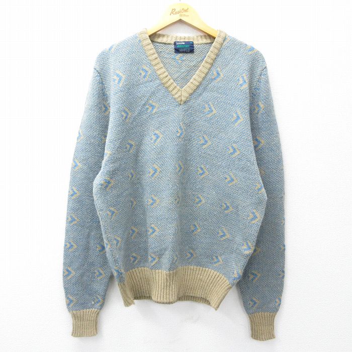 V-Neck - 【中古】古着 アロー 長袖 セーター メンズ 80年代 80s アクリル Vネック ベージュ他 カーキ Lサイズ 中古 ニット トップス | 春夏 春物 春服 秋冬 秋物 秋服 メンズファッション カジュアル おしゃれ ファッション